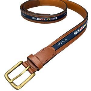 Nautica Vintage Brown Leather Blue Flag Logo 1" Wide Casual Belt Men 42"